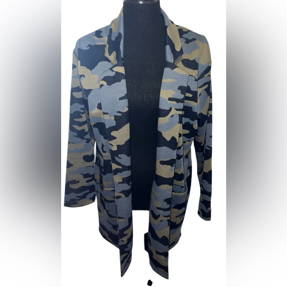 Jade Melody Tam Women’s Cardigan Sweater Blazer Camouflage Navy Blue Gray Sz M